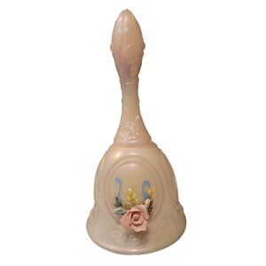 Vintage FENTON Pink Bell Iridescent Art Glass Applied Roses BA Farley Signed 7"